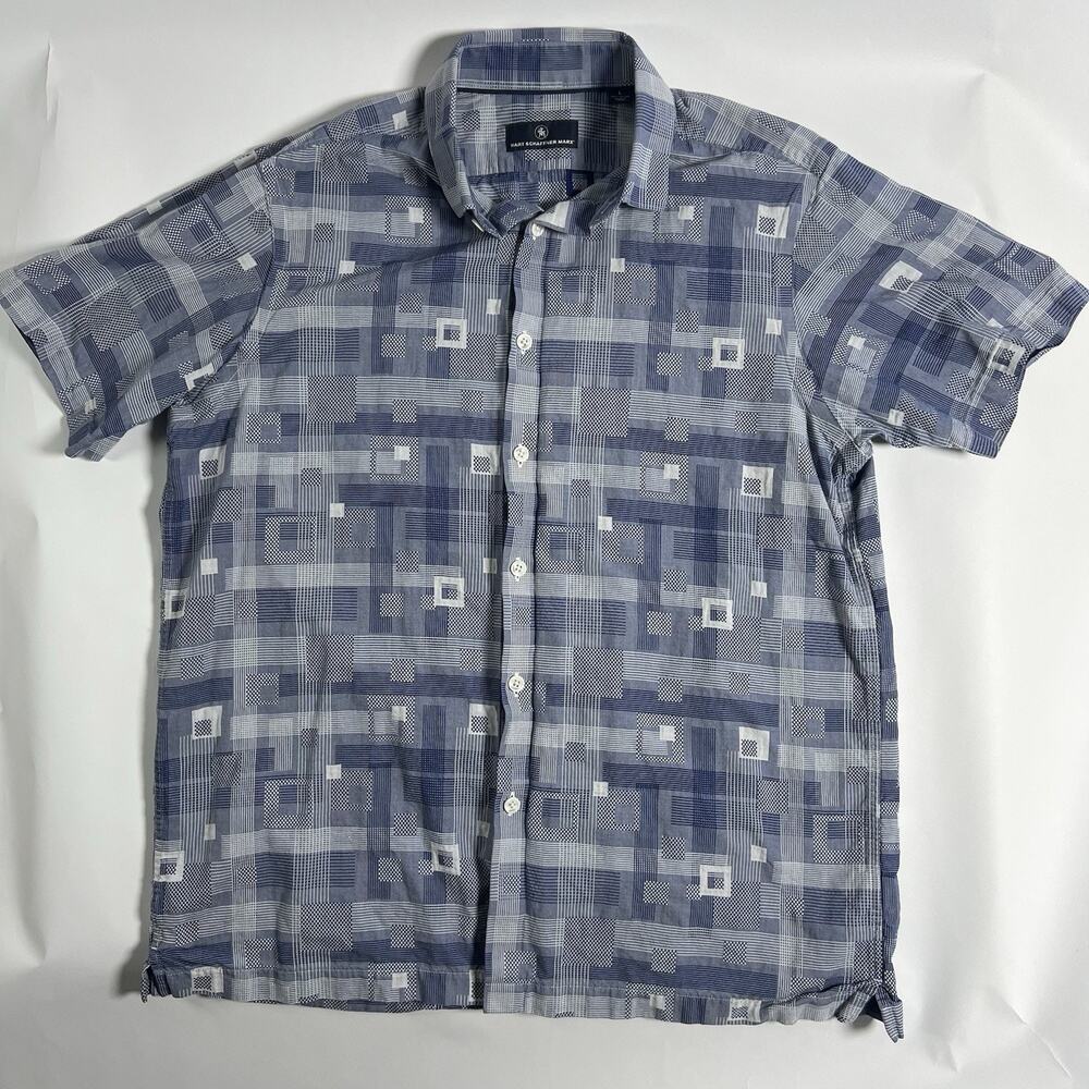 Hart Schaffner Marx Men's Blue/White Geometric Woven Cotton Button-Up SS L